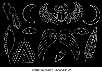 Set of amulets, mystical collection, magic clipart, an eye from the evil eye, an amulet in the form of diamond, a stone amulet, month, beetle with wings, charm in the form of beetle, feathers, wings