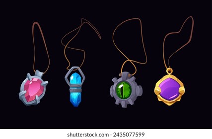 Satz von Amuletten auf Seilen mit verschiedenen Edelsteinen flachen Stil, Vektor-Illustration isoliert auf schwarzem Hintergrund. Dekoratives Designelement, magisches Asset, Online-Spiel-GUI und Schnittstelle