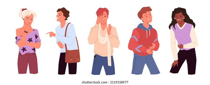 Set of amused laughing out loudly young people. Joking and giggling at something funny, humorous and comic mood, joyful positive teenagers having fun cartoon vector illustration