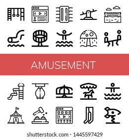 Set Of Amusement Icons Such As Monkey Bars, Waterpark, Carousel, Round Up Ride, Inflatable, Seesaw, Water Park, Banana Boat, Circus Tent, Claw Machine, Whack A Mole , Amusement