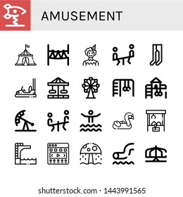 Set of amusement icons such as Spring swing rocket, Circus tent, Rope park, Clown, Seesaw, Leotard, Bumper car, Carousel, Ferris wheel, Monkey bars, Playground, Pendulum ride , amusement