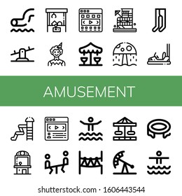 Set of amusement icons. Such as Waterpark, Seesaw, Claw machine, Clown, Carousel, Merry go round, Water park, Leotard, Bumper car, Rope park, Pendulum ride, Trampoline , amusement icons