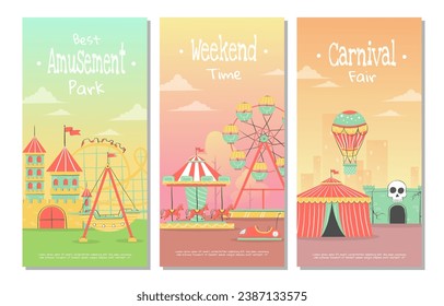 Set of Amusement Park banners with carousels, roller coaster and air balloon. Circus, Fun fair and Carnival theme vector illustration.