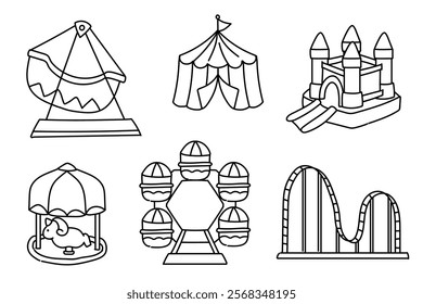 Set of amusement park carnival icons hand drawn, doodle elements, vector illustrations. Carousels, roller coaster, circus, swings, ferris wheel, entertainment park playground, night market