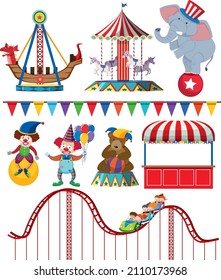 Set of amusement park elements isolated illustration
