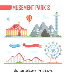 Set of amusement park elements - modern vector illustration on white background. Roller coaster, big wheel, horror show, drop tower, hot air balloons, airship with red ribbon. Entertainment concept