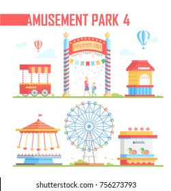 Set of amusement park elements - modern vector illustration on white background. Big wheel, hot air balloons, ticket office, carousels, attraction, van. Entertainment concept