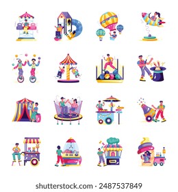 Set of Amusement Park Flat Illustrations 

