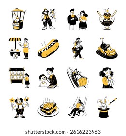 Set of Amusement Park Games And Food Drawing Illustrations 
