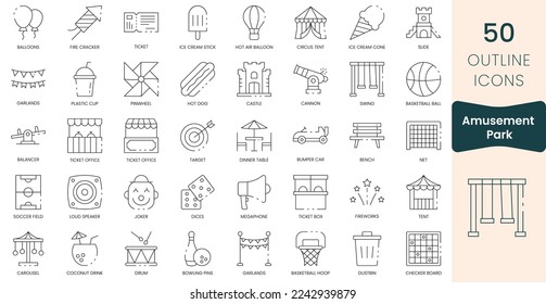 Juego de iconos de parque de atracciones. Paquete de iconos de contorno delgado. Ilustración del vector