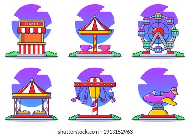 Set of Amusement Park Illustration. Ticket Booth, Ferris Wheel, Swing Carousel, Teacups. Flat Cartoon Vector Illustration Isolated.