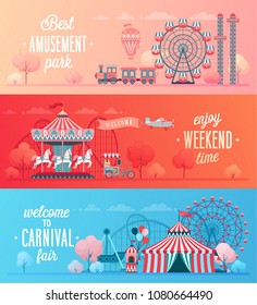 Set of Amusement park landscape banners  with carousels, roller coaster and air balloon. Circus, Fun fair and Carnival theme vector illustration.