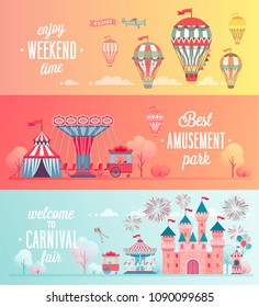 Set of Amusement park landscape banners with carousels, roller coaster and air balloon. Circus, Fun fair and Carnival theme vector illustration.