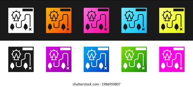 Set Amusement park map icon isolated on black and white background. Entertainment in vacation.  Vector