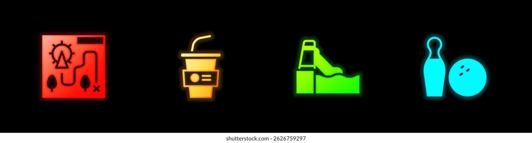 Set Amusement park map, Paper glass with water, Water slide and Bowling pin and ball icon. Vector