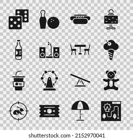 Set Amusement park map, Teddy bear plush toy, Ice cream in waffle cone, Hotdog, Home stereo with two speakers, Bottle of water, Game dice and Picnic table chairs icon. Vector