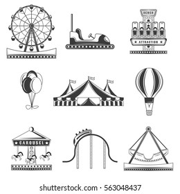 Set of amusement park monochrome icons, design elements isolated on white background