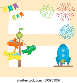Set of Amusement Park and Playground Horizontal Banners with Airplane Swing Ride, Carousel Rocket Spaceship, Flags and Fireworks. Cute cartoon backgrounds. Vector illustration.