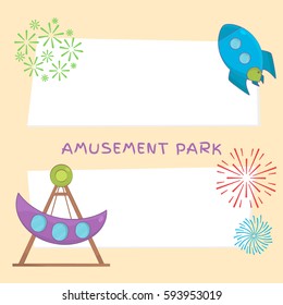 Set of Amusement Park and Playground Horizontal Banners with Carousel Fair Boat, Carousel Rocket Spaceship and Fireworks. Cute cartoon backgrounds. Vector illustration.