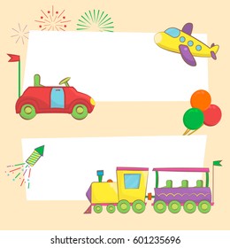 Set of Amusement Park and Playground Horizontal Banners with Funny Train, Bumper cars and Airplane. Cute cartoon backgrounds. Vector illustration.
