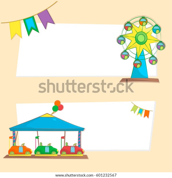 Set of Amusement Park and Playground\
Horizontal Banners with Ferris Wheel, Bumper cars and Flags. Cute\
cartoon backgrounds. Vector\
illustration.