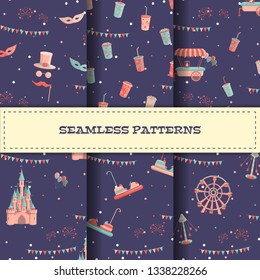 Set of amusement park seamless patterns with rides, flags, fireworks, sweet meal. Vector illustration.