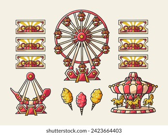 Un conjunto de vectores del parque de atracciones, incluyendo la rueda de la fortuna, el carrusel y el paseo en barco.