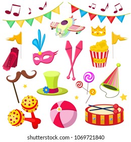 Set amusement parks for circus and holidays. Mask, artificial mustache on a stick, popcorn, maracas, ball, colored hats, crown, drums with sticks, flags, airplanes. Modern vector flat image white back