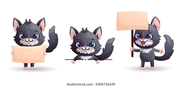 Set of amusing cartoon cats in different poses stands with empty signs and looks out from behind the wall. Vector illustration.