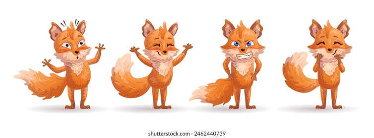 Conjunto de divertidos zorros de dibujos animados en diferentes poses. Ilustración vectorial.