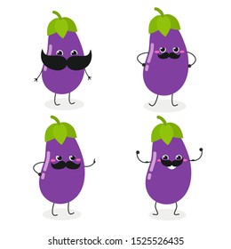 Set with amusing cartoon mustached eggplant characters. Vector flat illustration isolated on white background  