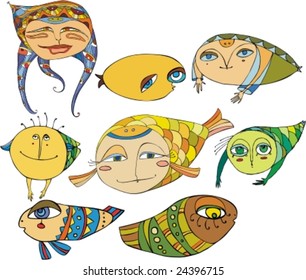 Set of amusing colour fishes