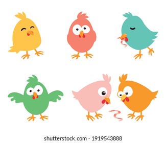 Set of amusing Easter chickens on white background, illustration.