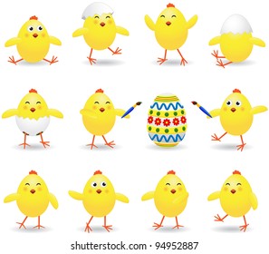 Set of amusing Easter chickens on white background, illustration