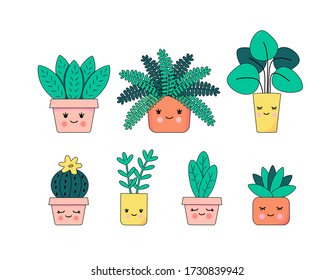 Set with the amusing flowers kawaii, fern, cactus, potted plant with a face. Isolated on a white background. Childish, cute, bright flat vector illustration.