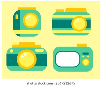 set of analog camera vector.
set of camera illustration with yellow blue color.
analog film camera vector.