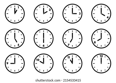 Set of analog clock icon for every hour. 12 hour clock. Vector illustration