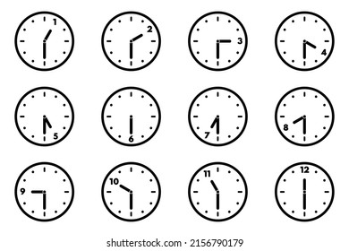 Set of analog clock icon for every hour and half. 12 hour clock. Half past hours version. Vector illustration