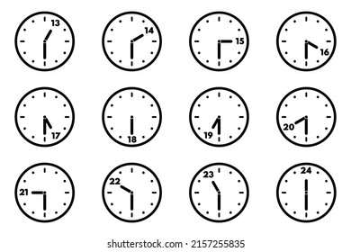 Set of analog clock icon for every hour and half. 24 hour clock. Half past hours version. Vector illustration