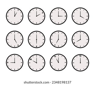 Set of analog clock icon for every hour. 12 hour clock vector illustration