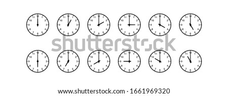 Set of Analog Clock Icons With 12 Hours Time Vector Illustration