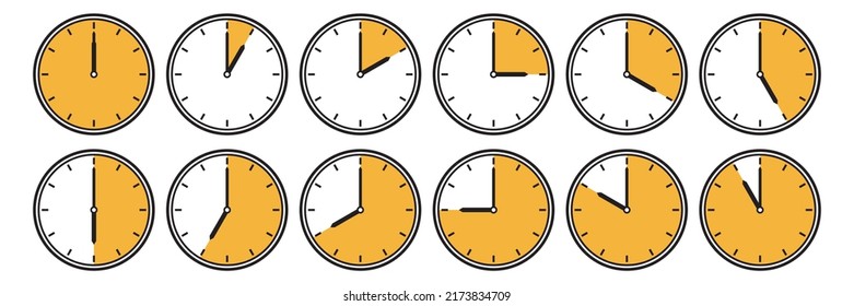 Set of analog clock icons telling each hour isolated on white background. Vector illustration of a time sign. Clock icon collection. Time, stopwatch.