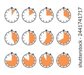 Set of analog clocks with different time intervals. Watch symbols. Clock, timer vector illustration. Collection of isolated icons