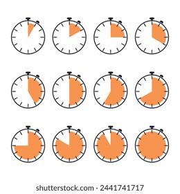 Set of analog clocks with different time intervals. Watch symbols. Clock, timer vector illustration. Collection of isolated icons