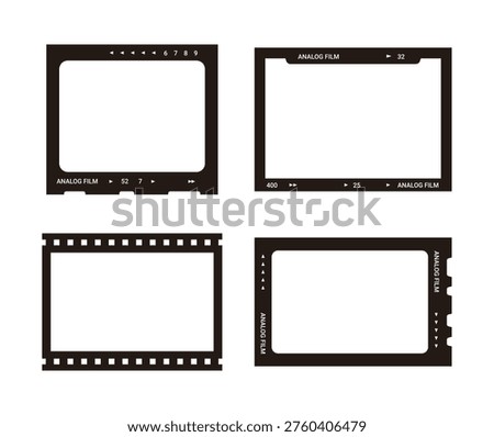 Set of analog film frame templates. Minimalist black camera film strip and slide borders with numbering on white background for vintage photo effects and social media.
