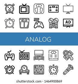 Set of analog icons such as Alarm clock, Alarm clocks, Old tv, Bathroom scale, Controller, Recorder, Tv, Game controller, Television, Table clock, Mixing table , analog