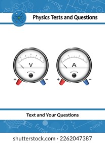 Set of analog voltmeter and ammeter. Round gauge with metal frame. Physical devices for measuring electric current, potential, the voltage in an electrical circuit in amperes and volts.