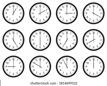 Set of analog wall clocks with black frame and hands. Flat style vector illustration. Simple classic round wall clock with Arab numbers isolated on white background