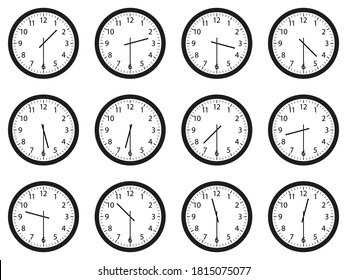 Set of analog wall clocks with black frame and hands. Flat style vector illustration. Simple classic round wall clock with Arab numbers isolated on white background