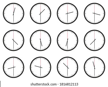 Set of analog wall clocks with black frame and hands. Flat style vector illustration. Simple classic round wall clock with points isolated on white background